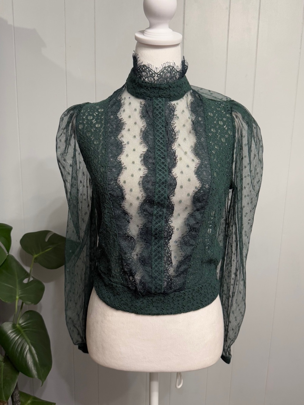 #17)  Haute Monde Dark Green Sheer Lace High-Neck Blouse
